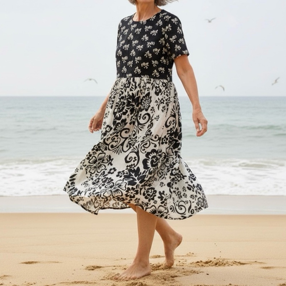 Vintage 90’s Phool Black White Wallpaper Print Cotton Dress Women’s Size XLarge